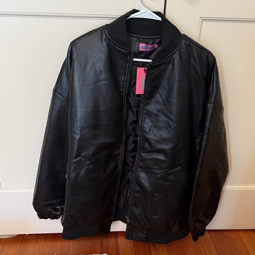 Edikted Black Faux Leather Oversized Bomber Jacket XS